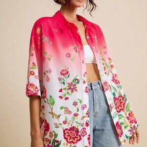 Hot Pink Casual Women's Ombre Tropical Floral Short Sleeve Shirt Asymmetric Hem